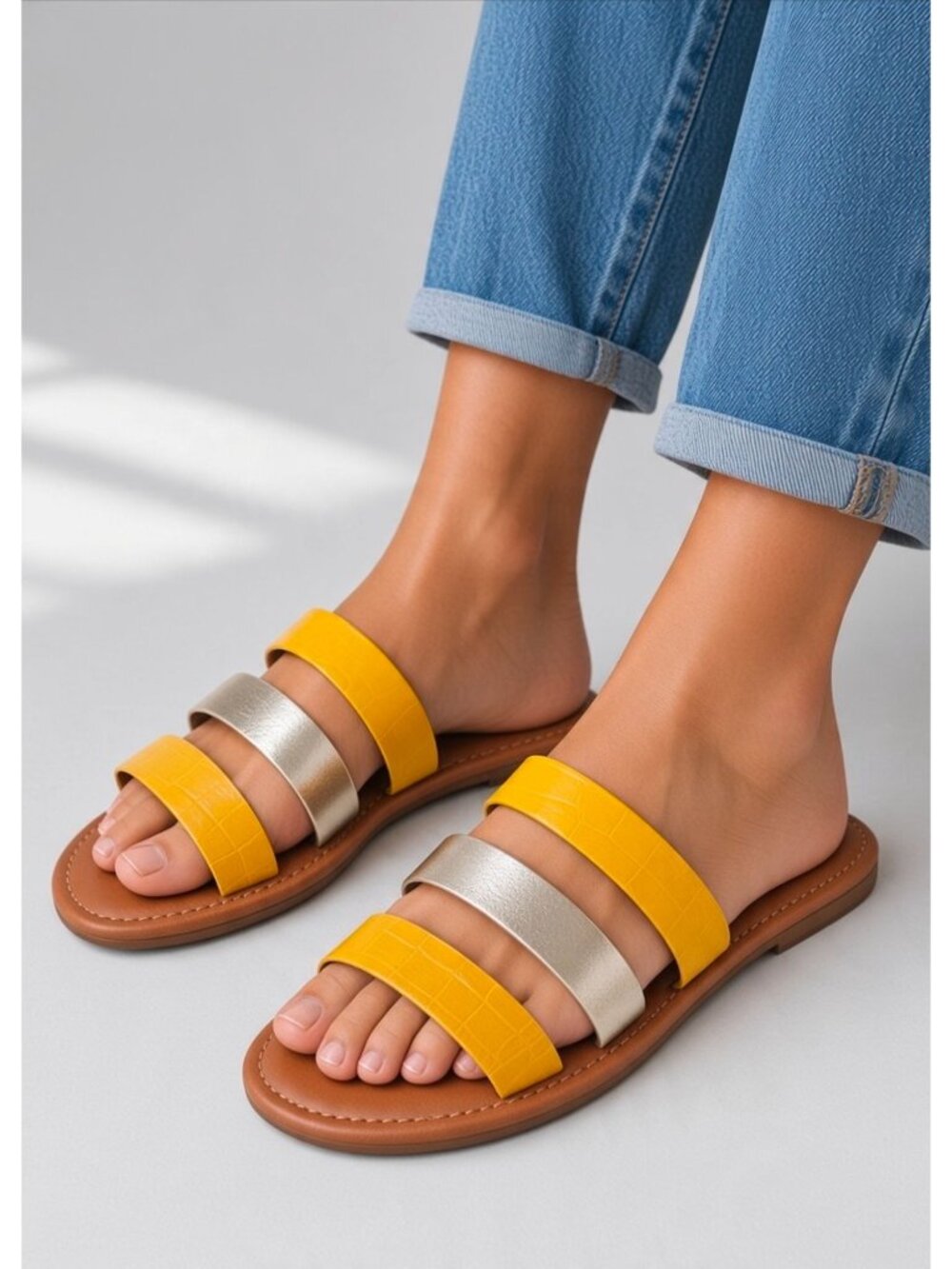 Colorblock Yellow & Metallic Gold Triple Strap Flat Sandals With Croc Embossed D